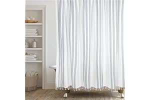 HALL & PERRY Modern Transitional Chambray Blue Striped Shower Curtain with Tassels - Vertical White and Chambray Blue Striped 100% Cotton, 72" x 72"