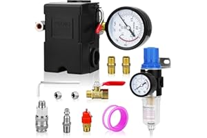 FBANG Air Compressor Pressure Switch Control Valve 95-125 PSI Horizontal 4-way, with Moisture Filter and Pressure Gauge, Air Compressor Replacement Parts 110V-240V