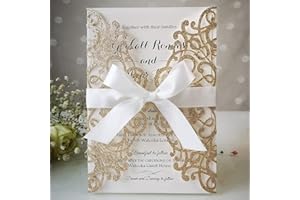 KUCHYNEE 5x7.3 Inch 20PCS Blank Gold Glitter Wedding Invitations Kit Laser Cut Hollow Flora Pocket Quinceanera Invitation Car