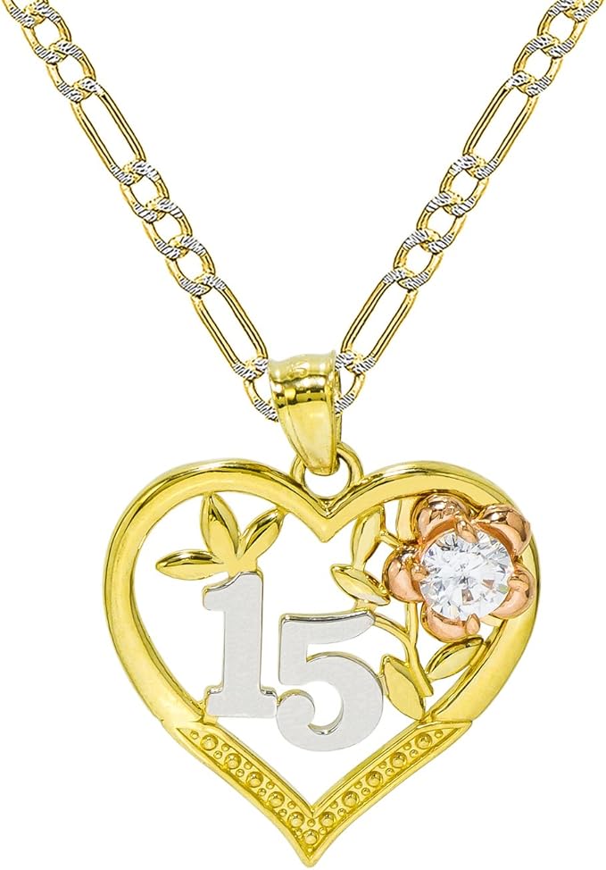 14K TriColor Gold 15 Quinceanera Heart Pendant Necklace