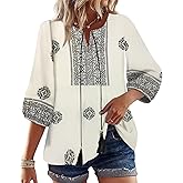 GUNEST Boho Tops for Women Floral Print 3/4 Sleeve V Neck Blouse Pleated Flowy Vacation Casual Summer Tunic Blouses