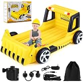 Relaxgiant Inflatable Kids Travel Bed with Air Pump,Yellow Excavator | Excavator Theme, Safety Bumper, Air Mattress Feel, Includes Air Pump, Portable Storage Bag, Hotel &amp; Sleepovers, Birthday Gift