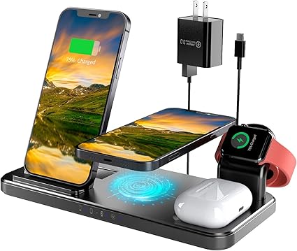 Amazon Co Jp Romiky ワイヤレス充電器 21最新版 4 In 1 充電器 多機能 充電ベース 置くだけ充電 2台スマホ 携帯電話 充電スタンド Apple Air Pods 2 Air Pods Pro 急速qi ワイヤレスチャージャー Iwatch Holder Apple Watchホルダー付 Apple Watch スタンド Apple