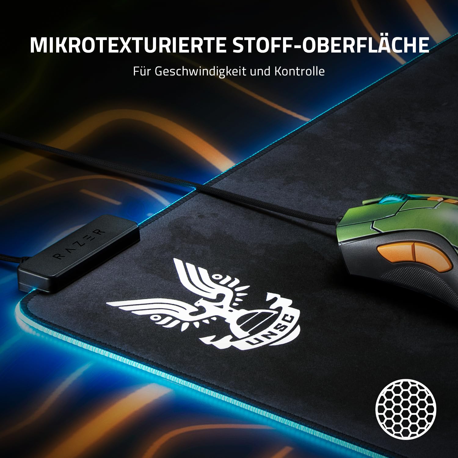 Razer Goliathus Gaming-Mauspad, erweitertes Chroma, anpassbare RGB-Beleuchtung, weiches Stoffmaterial, ausgewogene Kontrolle und Geschwindigkeit, rutschfeste Gummiunterseite, Halo Infinte Edition 3