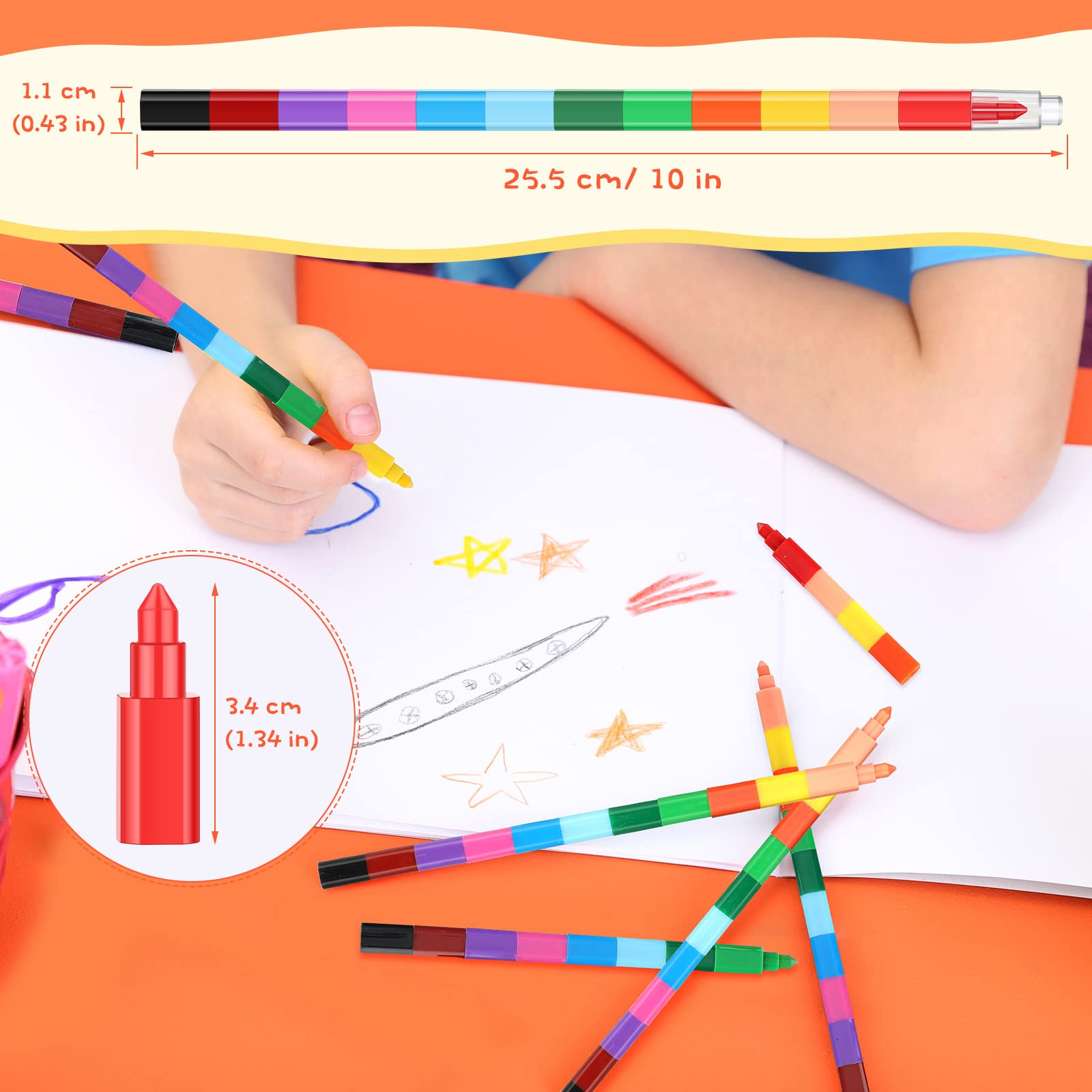 Marspark 20 Pcs Stackable Crayons Stacking Buildable Crayons Colorful Stackable Pencils Party Favors DIY Rainbow Pencil for School Office Birthday Party, 12 Colors(Vivid Color,Flat)