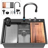 33inch Waterfall Kitchen Sink Drop In Metal Black -Feibus 33x22x10 with Faucet Combo Double Step Workstation 16 Gauge Multifunctional Stainless Steel Single Bowl