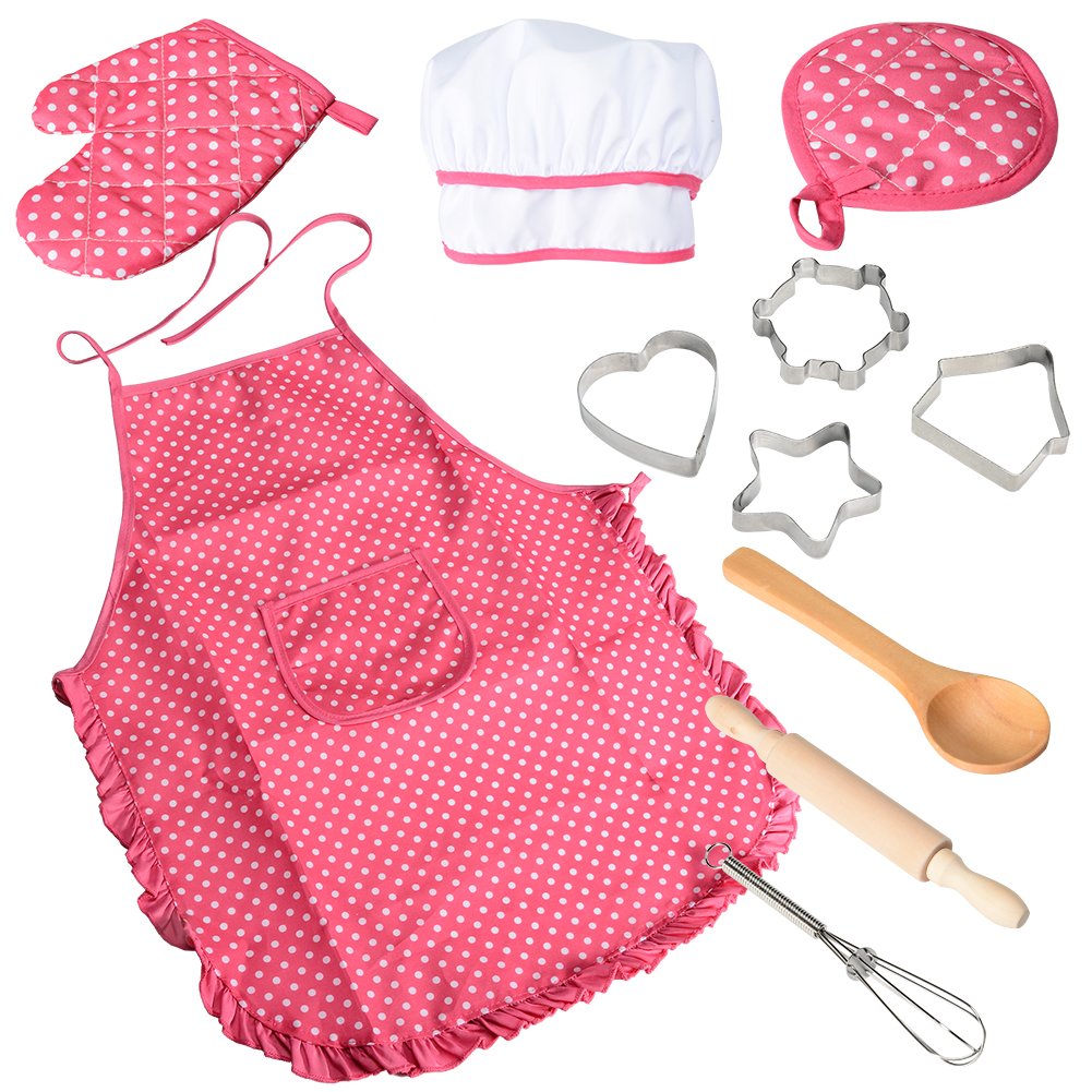 Acekid Chef Set for Kids,11pcs Kitchen Costume Role Play Kits, Girls Apron with Chef Hat,Cooking Mitt and Cookie Cutters (Rose red)