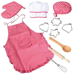 Acekid Chef Set for Kids,11pcs Kitchen Costume Role Play Kits, Girls Apron with Chef Hat,Cooking Mitt and Cookie Cutters (Rose red)