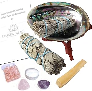 Chakra Palace Large Smudge Kit Gift Set, Abalone, Wood Stand, Sage, Palo Santo, Amethyst - 10 Items