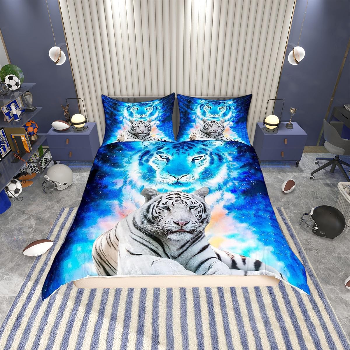 Tiger Print Duvet Cover Wild Animal Theme Comforter Cover Blue Galaxy Bedding Set For Kids Adults Wildlife Safari Cat Print Bedspread Cover Ultra Soft Room Decor Single Size Bedclothes Zipper