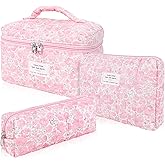 Hatende 3Pcs Cotton Quilted Makeup Bag Set,Large Floral Cosmetic Bag,Aesthetic Toiletry Travel Makeup Bag Set and Cute Flower Bag for Women Girls (Pink Flower)