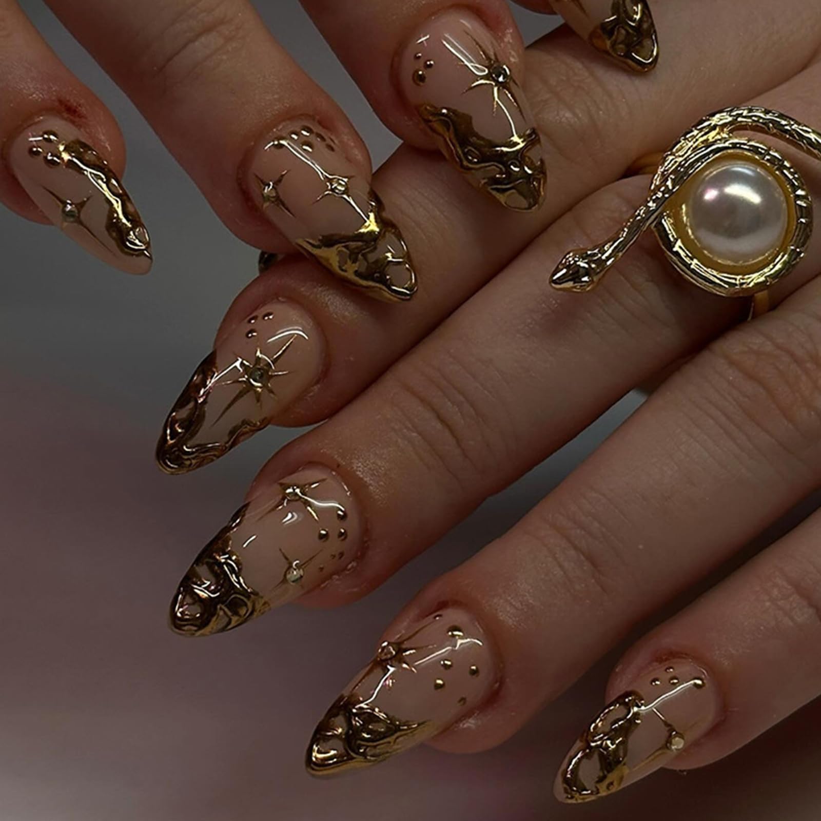 24Pcs French Tip Press on Nails Almond Medium Length, 3D Sun Moon Fake Nails with Designs, Gold Shiny False Nails Kit, Supremely Fit & Natural Reusable Stick On Nails for Women, 12 Sizes