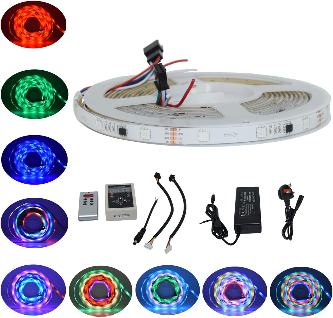 Aoshow New Design Dream Magic Color WS2818 IC SMD5050 RGB 150LEDs 16.4FT 5M Waterproof IP65 Addressable Programmable Digital LED Strip Light Kit + RF 133 Modes Color Controller + DC12V 5A Power Supply- UK Plug [Energy Class A+]