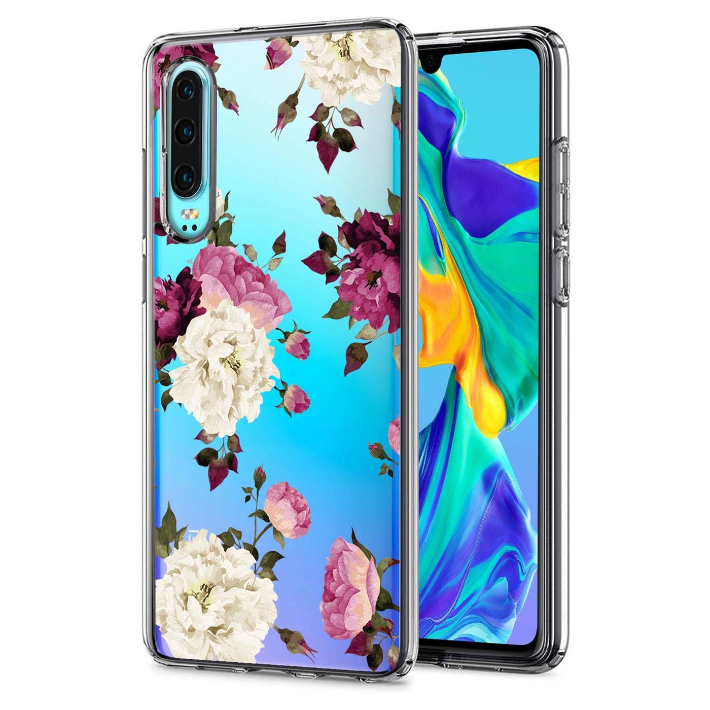 Verco Phone Case for Huawei P30, Shockproof Bumper for Huawei P30 Cover Silicone, Back Case clear with motive, rose