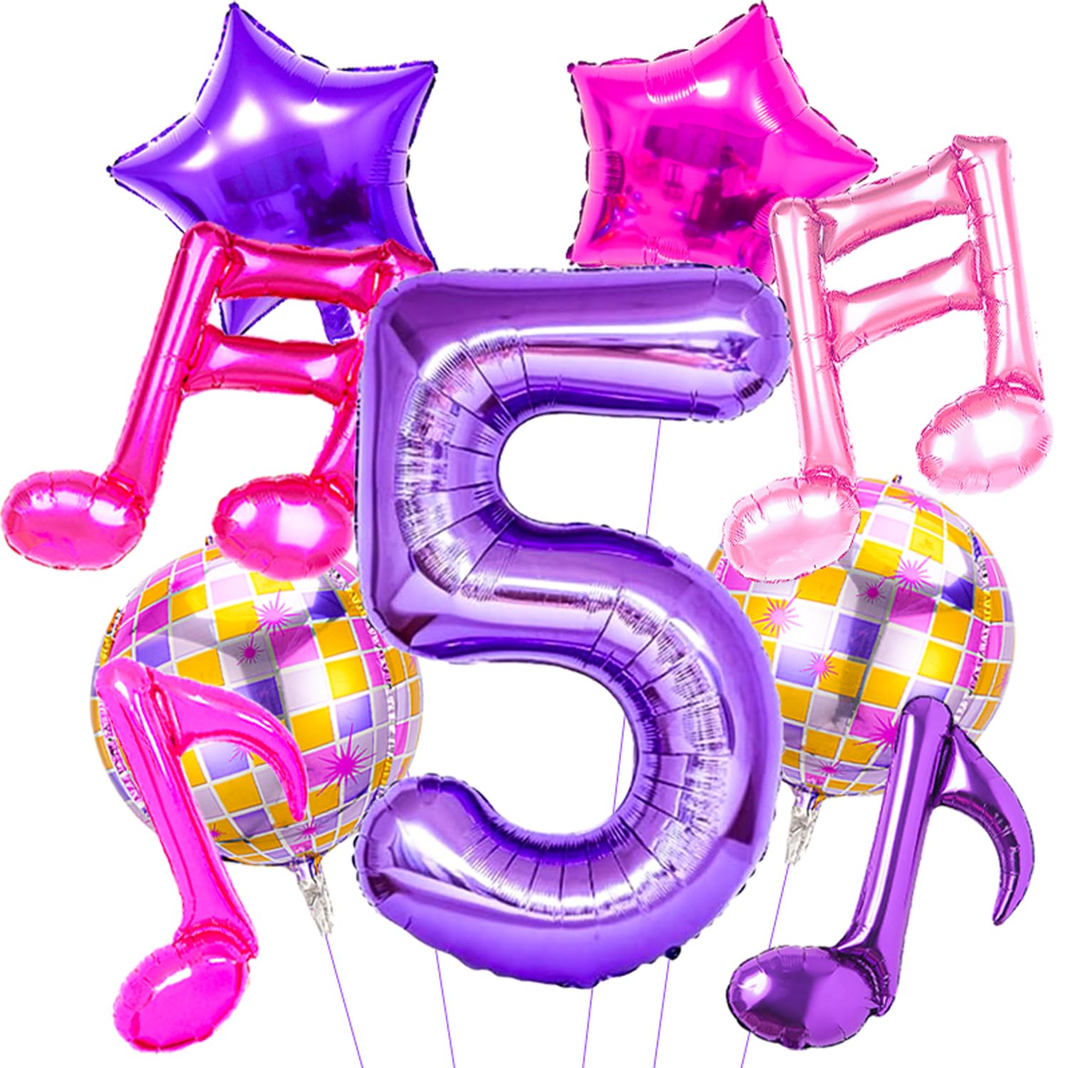 9 Pcs Kpop Birthday Decorations, Kpop Music Balloons Hot Pink Purple Music Note Balloons 32 Inch Purple Number 5 Balloon for K pop Music Themed Birthday Party Decorations