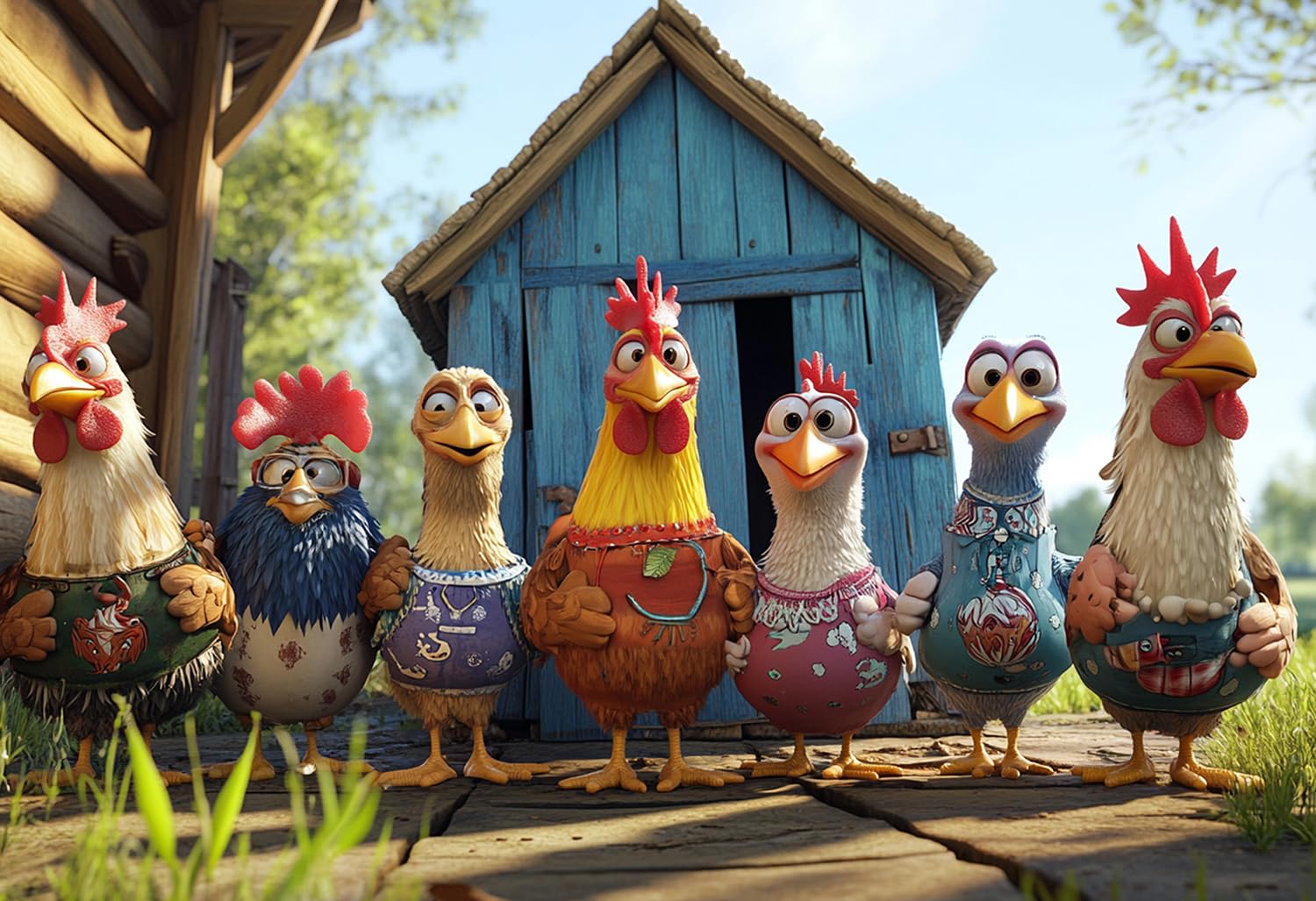 View 1 of 1000 Piece Cartoon Funny Chicken Puzzle – Funny Hen Family in Colorful Aprons Outside Coop, Whimsical Farm-Themed Jigsaw for Adults