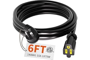 HUANCHAIN 14 Gauge 6 Feet Flat Plug Extension Cord Black Indoor Outdoor, Heavy Duty 3 Prong Grounded Low Profile Extension Wire Flexible, 15A 1875W 125V 14AWG SJTW, ETL Listed