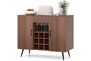 LOKO Wine Cabinet with Storage, Modern Buffet Sideboard Cabinet with 9-Bottle Wine Rack, Drawer, Adjustable Shelves,Mid-Century Bar Cabinet for Dining Room Home Coffee Bar Entryway, Walnut
