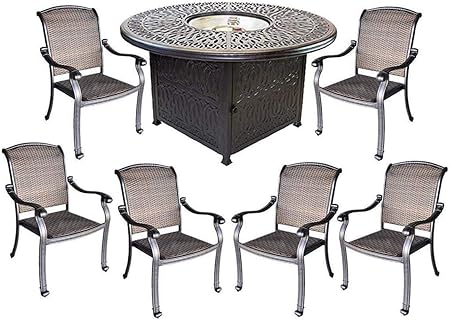Amazon Com Santa Clara Wicker Furniture Cast Aluminum Fire Pit 7 Piece Patio Dining Set Garden Outdoor