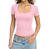 Eachyes Womens Square Neck Short Sleeve Shirts Slim Fitted Casual Tops Basic Tees Summer Outfits Clothes 2026