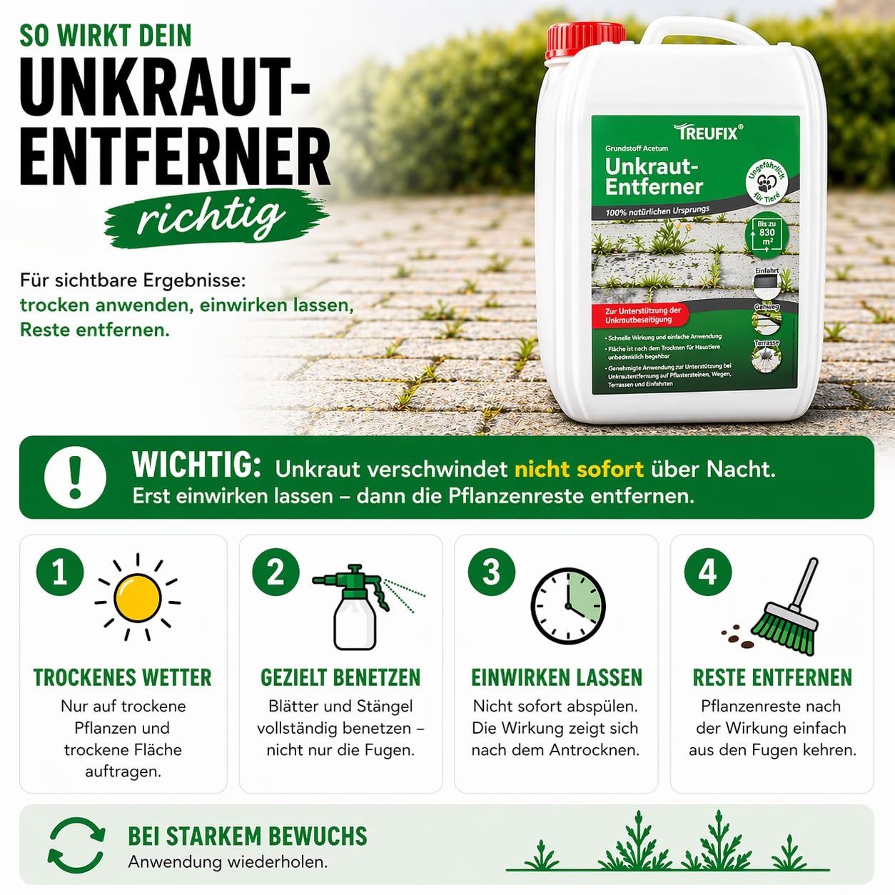 Treufix Konzentrat zur Unkrautentfernung Grundstoff Acetum (Essigsäure) Ohne Glypohosat zur Unterstützung bei Unkrautbeseitigung auf Pflastersteine, Gartenwege, Terrasse & Einfahrt 5L - Made in DE 6