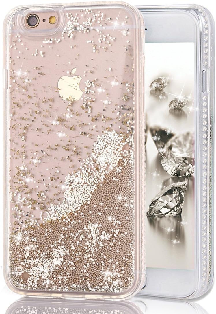 iPhone 7 Case, iPhone 7 Glitter Case, Surpriseyou Creative Design Flowing Liquid Quicksand Floating Luxury Bling Glitter Sparkle Love Heart Diamonds Clear Hard Case for iPhone 7 (Gold Beads)