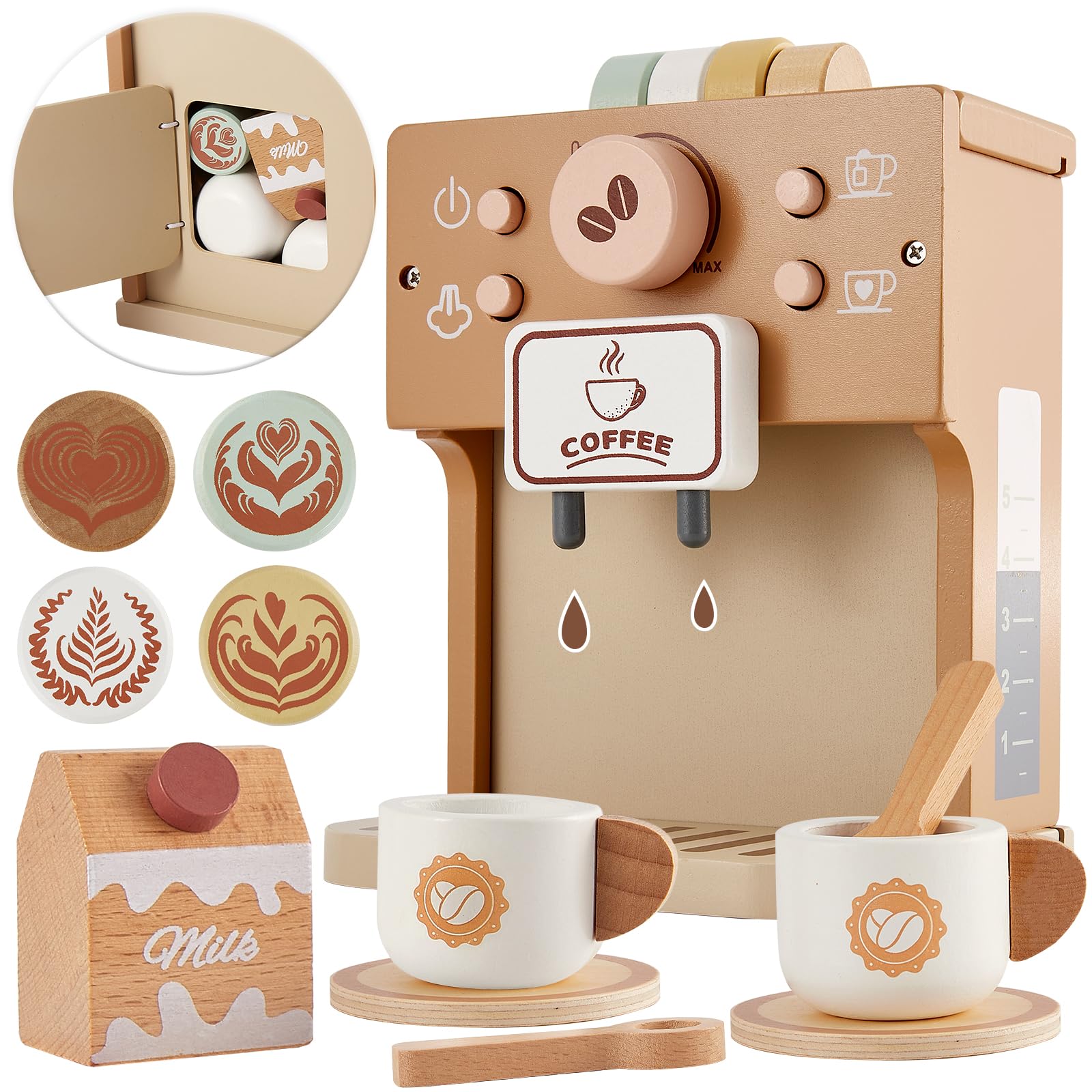 BUYGER Kids Wooden Coffee Machine Toy, Pretend Play Kitchen Appliances Accessories Coffee Playset Role Play Toys Gifts for 3 4 5 Years Olds Kids Boys Girls