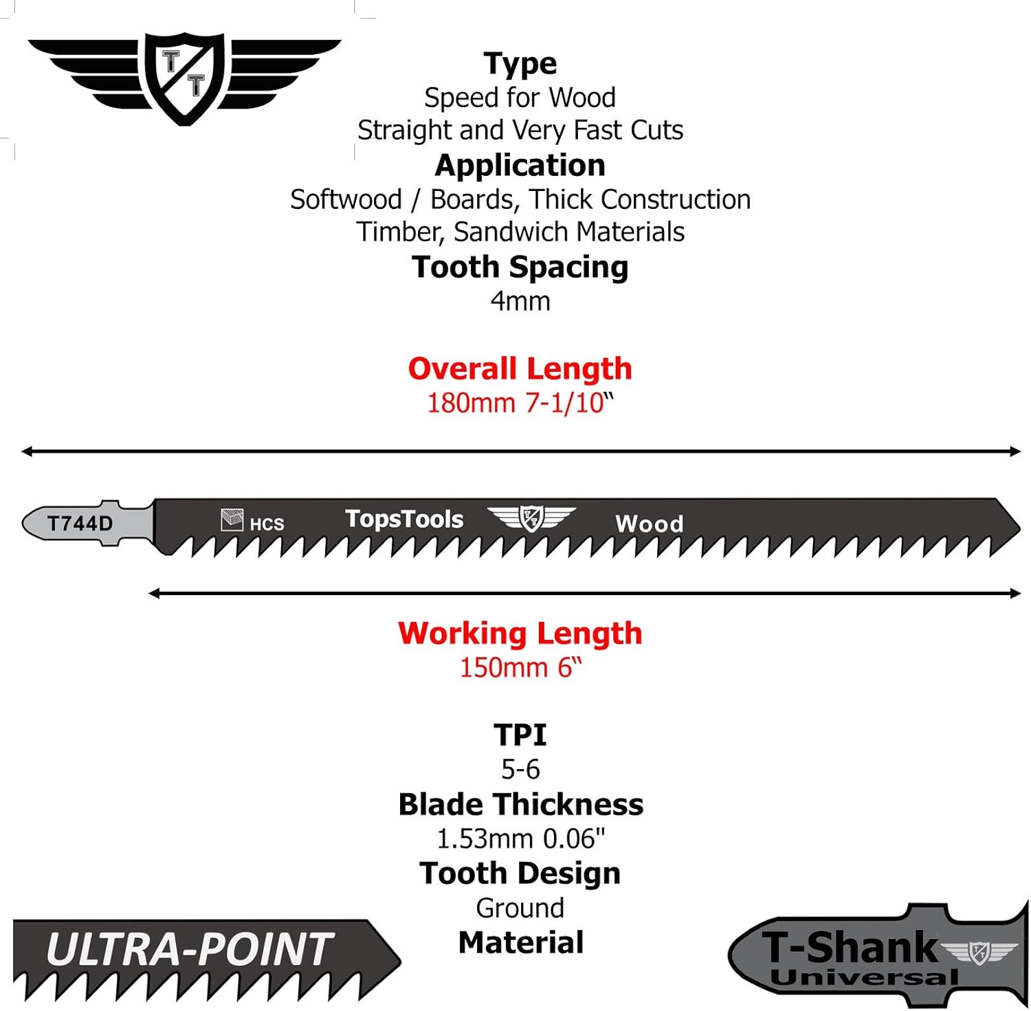 5 x TopsTools JSTT744D T744D 180mm Jigsaw Blades Designed for Long Clean Straight and Fast Cuts in Wood, Black - Image 4