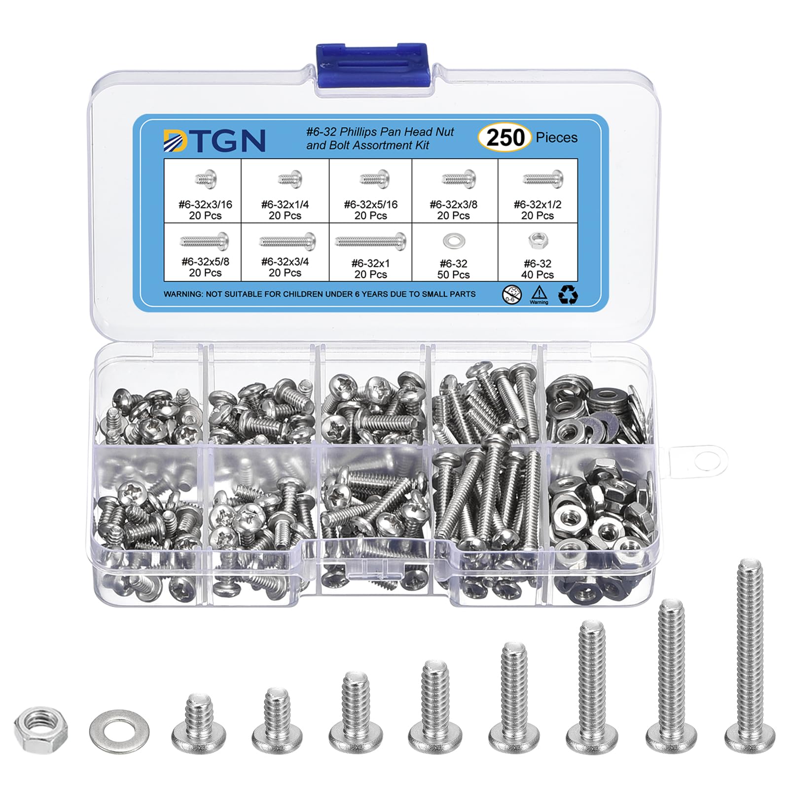 DTGN 250Pcs Machine Screws Assortment Kit, #6-32 Phillips Pan Head Nut and Bolt Assortment Kit, 304 Stainless Steel, Phillips Drive Pan Head Bolt Assortment With Washers