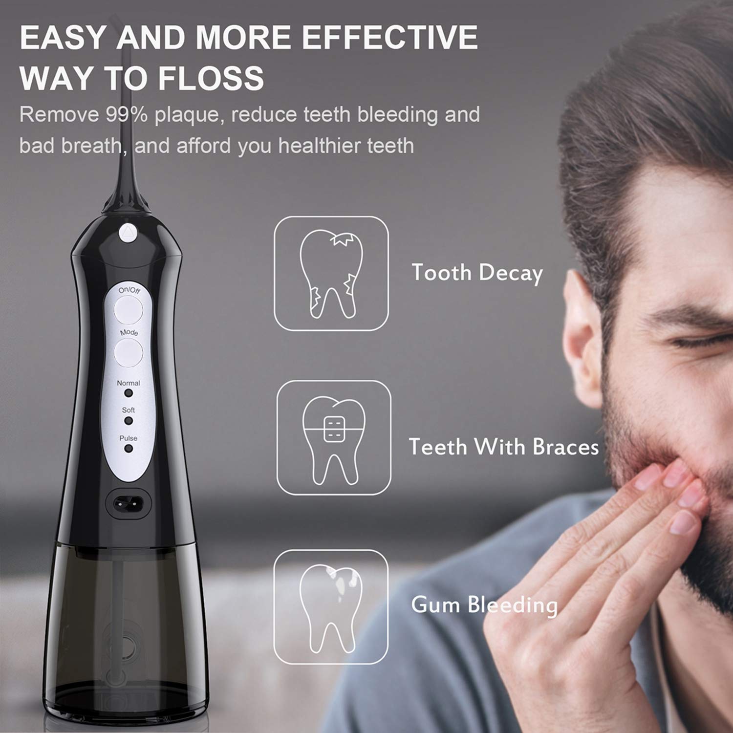 Wasser Munddusche, Beaulinks Dentale Elektrische Oral Irrigator mit 4 Wasserjet Ersatzdüsen Waterjet Zahnpflege Zahnreiniger Reinigungssystem (Schwarz)