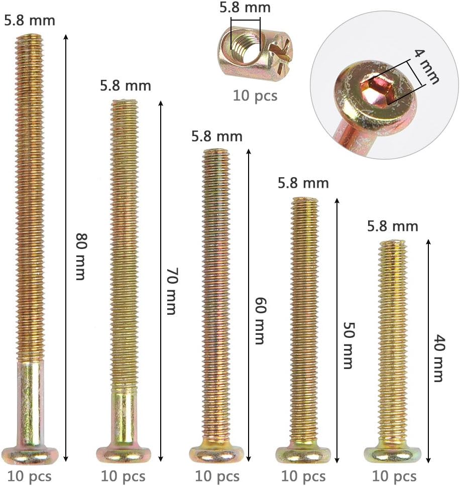 100PCS M6 Barrel Nuts Bolts, Furniture Cot Bed Bolt Crib Screw, Hex