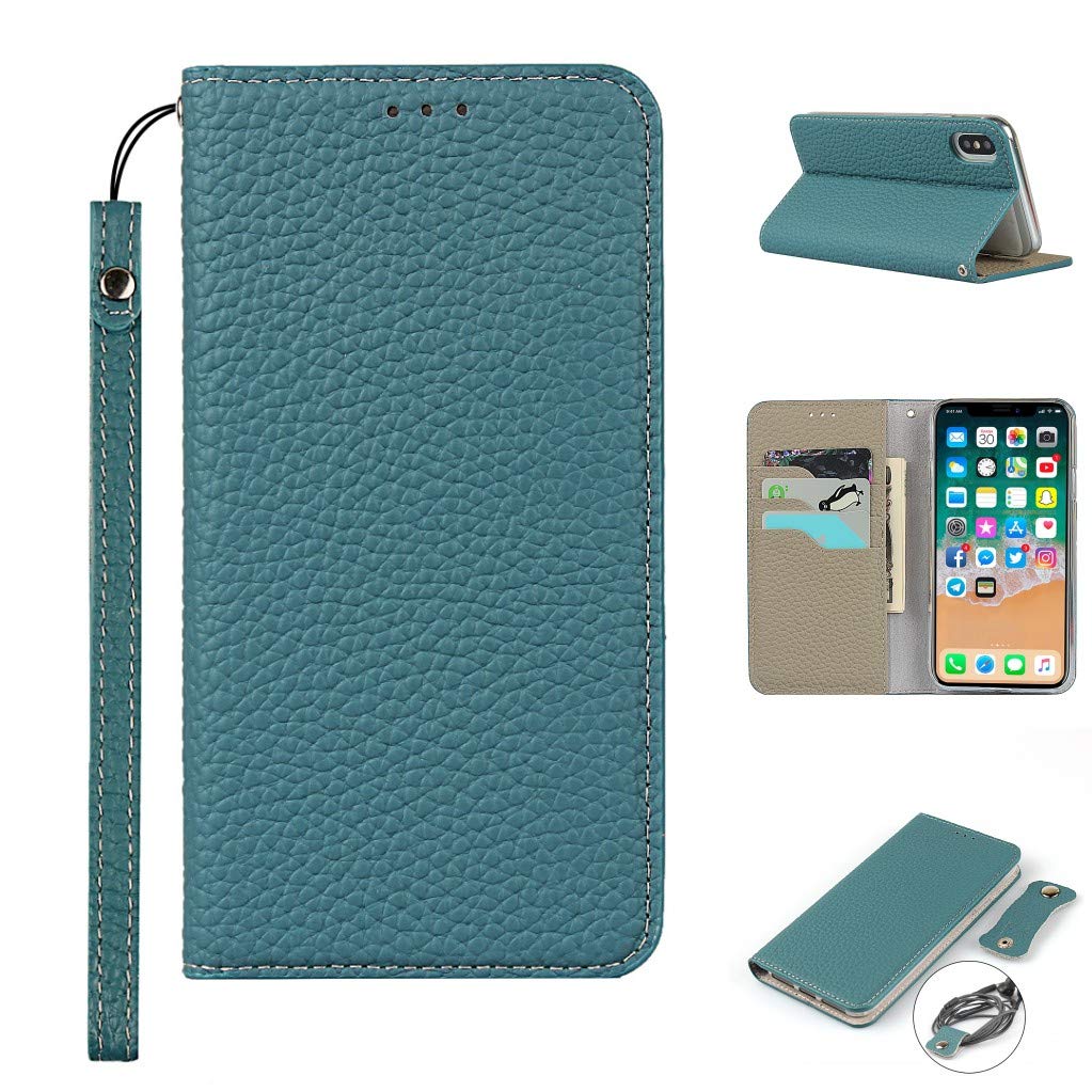 Copmob iPhone X Case,iPhone XS Case,Genuine Leather Flip Wallet Case,[3 Card Holders][Magnetic][RFID-Blocking],Protective Phone Case Cover for iPhone X/XS - Sky Blue