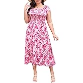 Keluummi Plus Size Summer Maxi Dresses for Curvy Women, Casual Floral Off Shoulder Long Church Sundress with Empire Waist