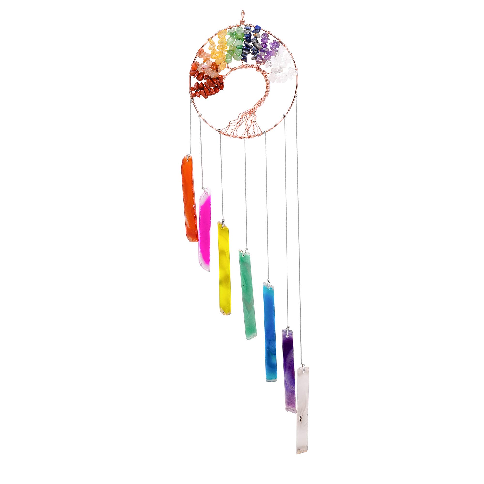 Tree Life Agate Wind Chime 7 Chakra Healing Stone Hanging Ornament Natural Crystal Handmade Windchime for Home Outdoor Indoor Window Patio Garden Decoration