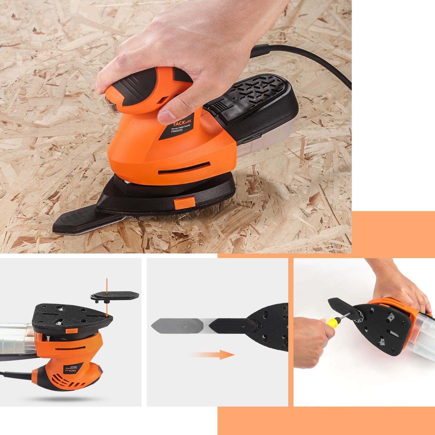TACKLIFE Detail Sander 1.67A, Advanced 360° Rotatable Sanding Pad, Electric Sander with Sturdy Dust Collection Container, 200W 12000RPM Mouse Detail Sander, 3 Meter Cord, DIY | PMS02B - - 