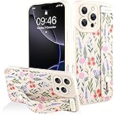 AIGOMARA for iPhone 16 Pro Case with Strap for Women Girls, Cute Floral Flowers Pattern, Soft Wirstband Kickstand Silicone Protective Cover, White