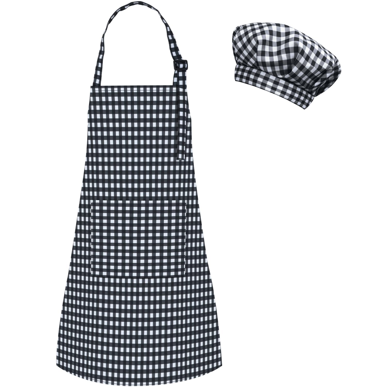 Grid Kids Apron and Chef Hat Set, Adjustable Check Child Chef Aprons with 2 Pockets, Lattice Print Children's Apron for Kids Toddler Painting Baking Cooking Artist (Grid Black and White, L（7-13Years）) — image 1