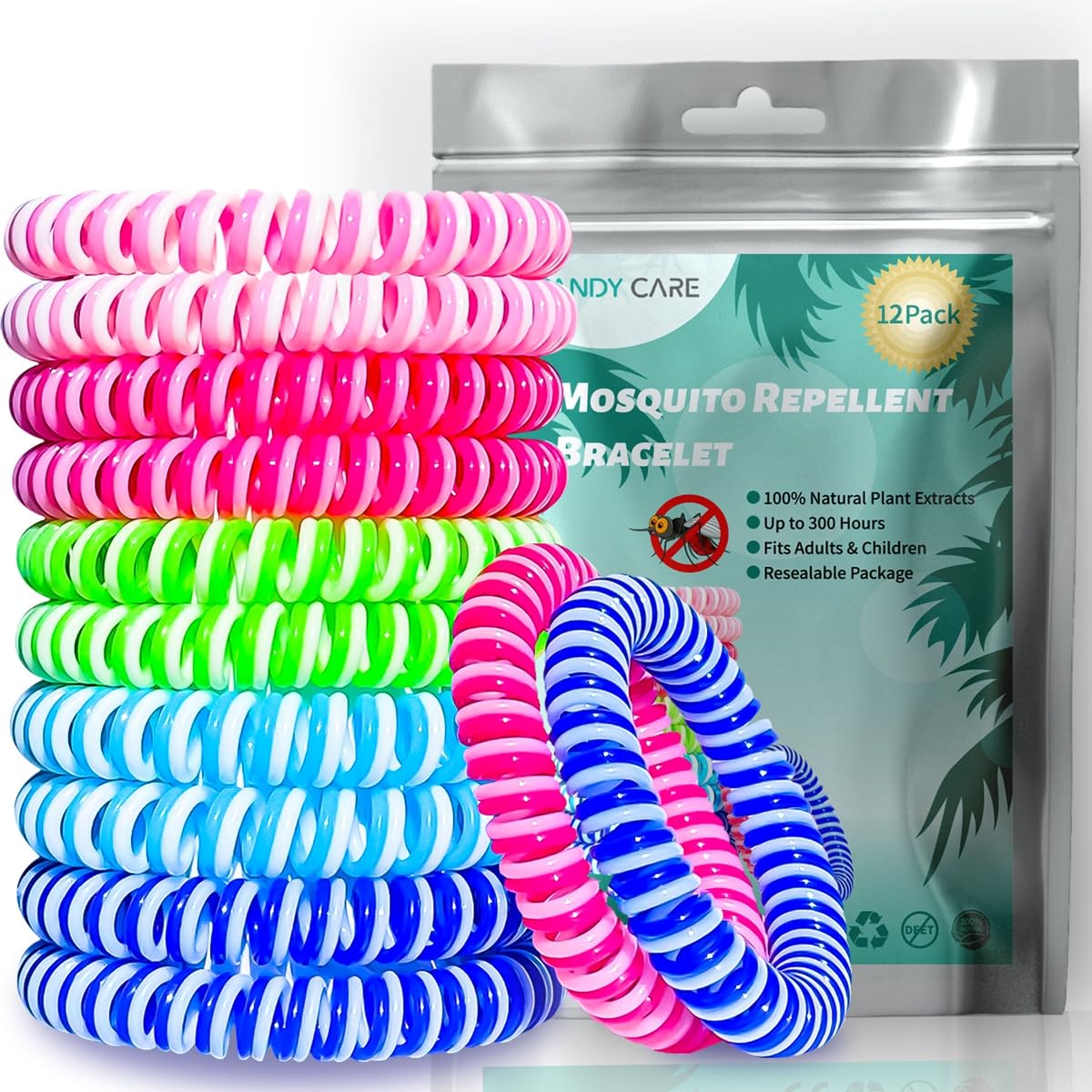 Mosquito Repellent Bracelet 12 Pack, PandyCare Insect, Midge & Mosquito Bands Wristbands for Adults, Kids & Baby - 2 Coils in 1, Waterproof, 100% Natural Plant Essential Oil, Deet Free with 300 Hours