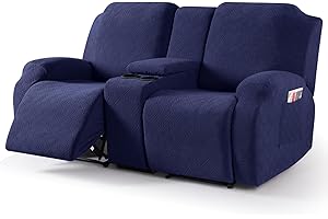 VANSOFY Recliner Loveseat Cover with Middle Console Stretch Reclining Sofa Slipcover for 2 Seat Jacquard Reclining Couch Sofa Covers Furniture Protector with Elastic Straps Bottom (Navy Blue)