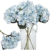 Kisflower Blue Hydrangea Artificial Flowers 6pcs Faux Hydrangea Flowers, Fake Flowers for Table Centerpiece, Blue Silk Hydrangea Flowers with Stems for Home Wedding Party Decor