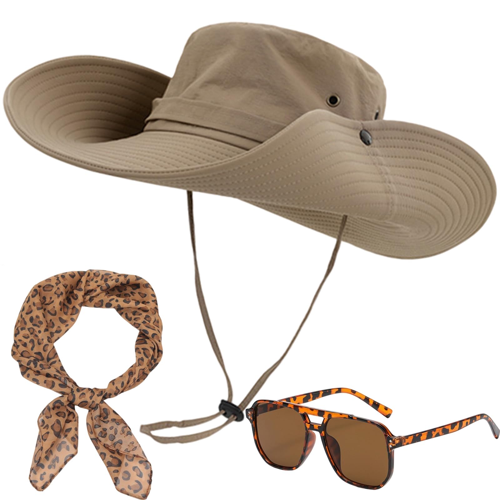 MUNSKT Set of 3 Safari Costume for Women Girls, Foldable Sun Hat Leopard Print Neckerchief Sunglasses, Carnival Halloween Cosplay Safari Clothing Outfit Accessories Outdoor Adventure