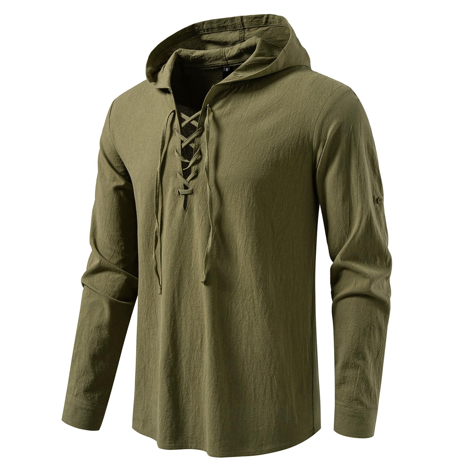 MakingDa Lace Up Hooded Shirt Men Medieval Viking Tunic Costume Cotton Pirate LARP Tops Loose Fit Long Sleeve Steampunk Renaissance Victorian-Green-XL