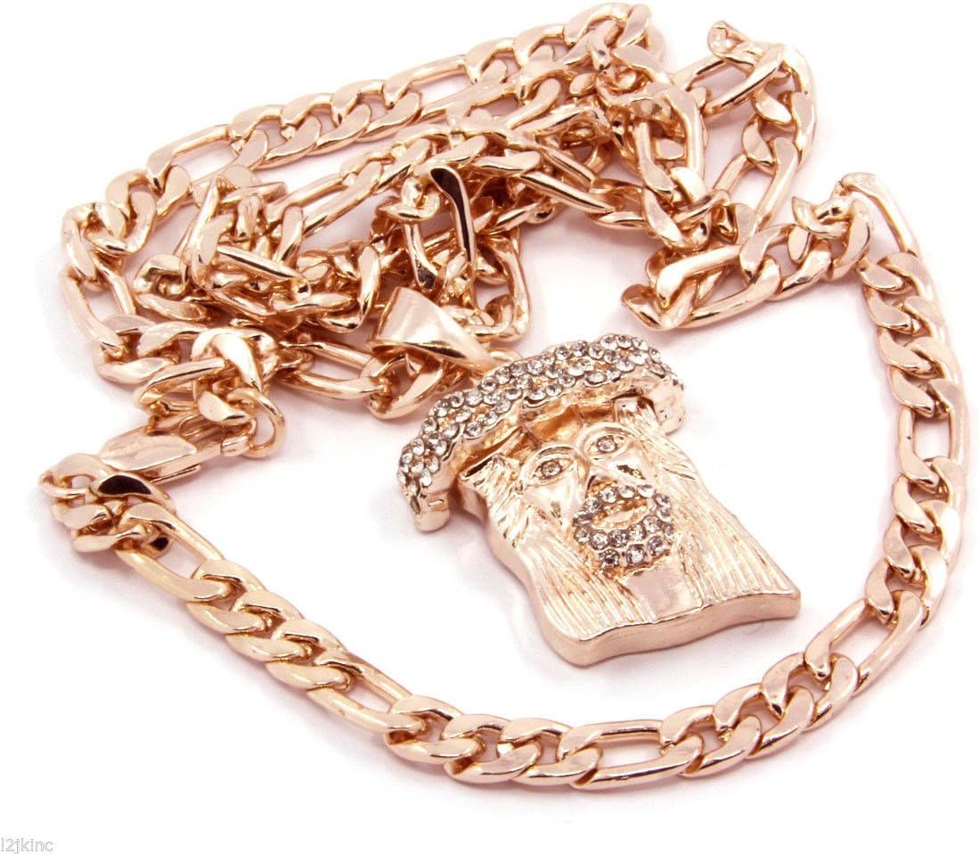 Firewings Rose Gold Plated Jesus Piece Charm Micro Pendant Figaro Chain Necklace Jewelry