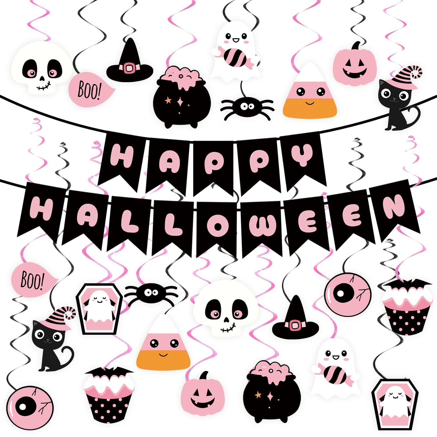 Photo 1 of **2 pak **Adurself Pink Halloween Party Decorations - 49Pcs Boo Hanging Swirls Bat Foil Spirals Cute Ghost Pumpkin Ceiling Streamers Happy Halloween Banner for Pink Themed Baby Shower Birthday Decor