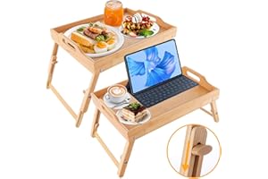 WOPPLXY 2 Pack Bed Tray Table With Handles Folding Legs, 16.3 x 11.8 Inch Bamboo Breakfast Food Tray for Platter, Laptop Desk