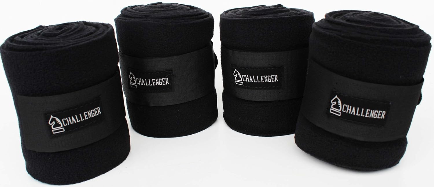 CHALLENGER Horse Tack Grooming Leg Set of 4 Fleece Polo Wrap Black Equine Care Rodeo 95R13: Sports & Outdoors