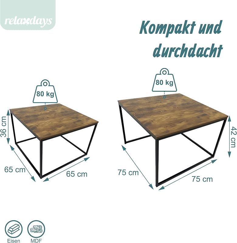 Satztisch 2er Set, Industrial Design, 65 cm & 75 cm, Holzoptik & Metall, eckige Beistelltische, braun/schwarz