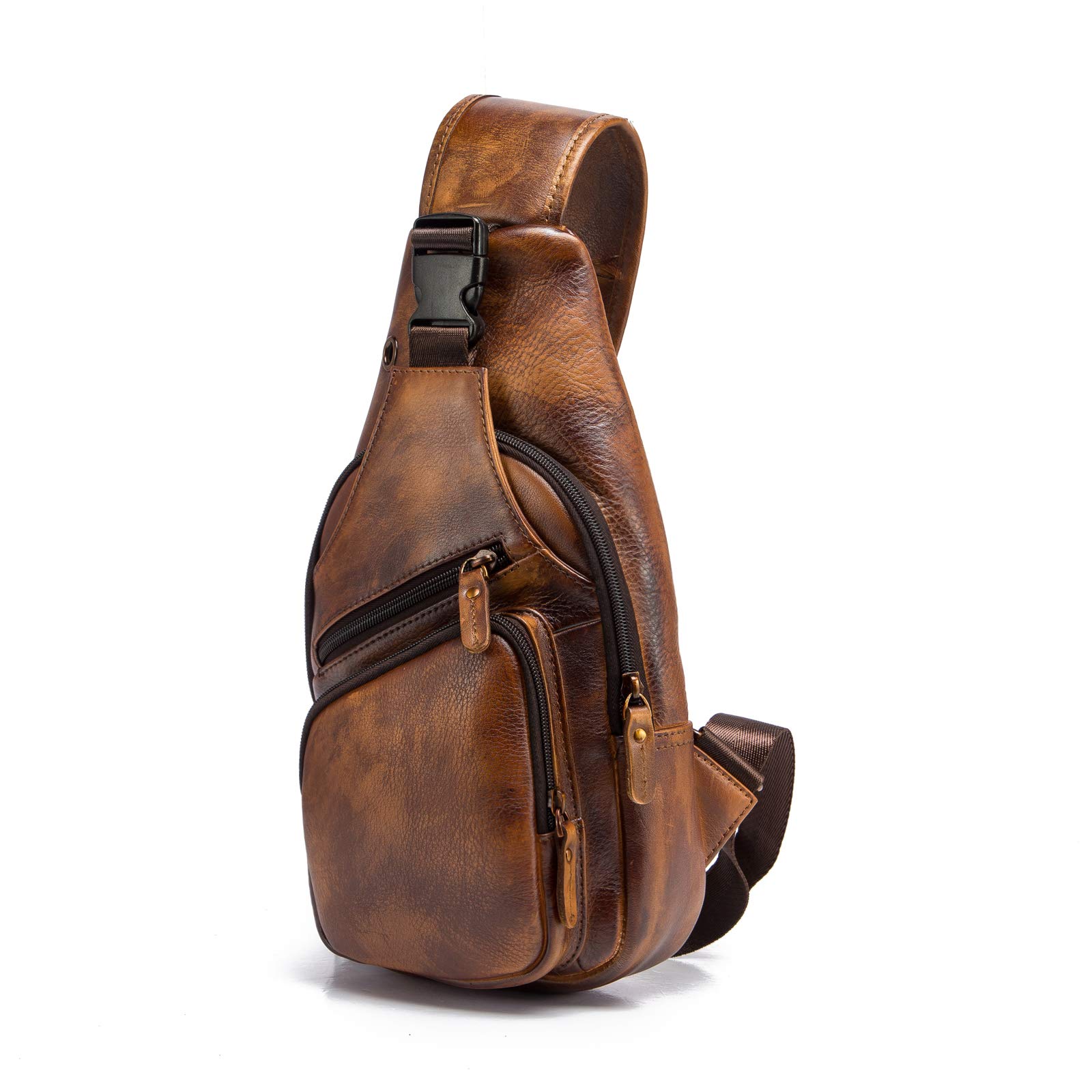 Le'aokuu Men Fashion Casual Tea Designer Travel Hiking Crossbody Chest Sling Bag Rig One Shoulder Strap Bag Men Leather 8015（2 Gold）
