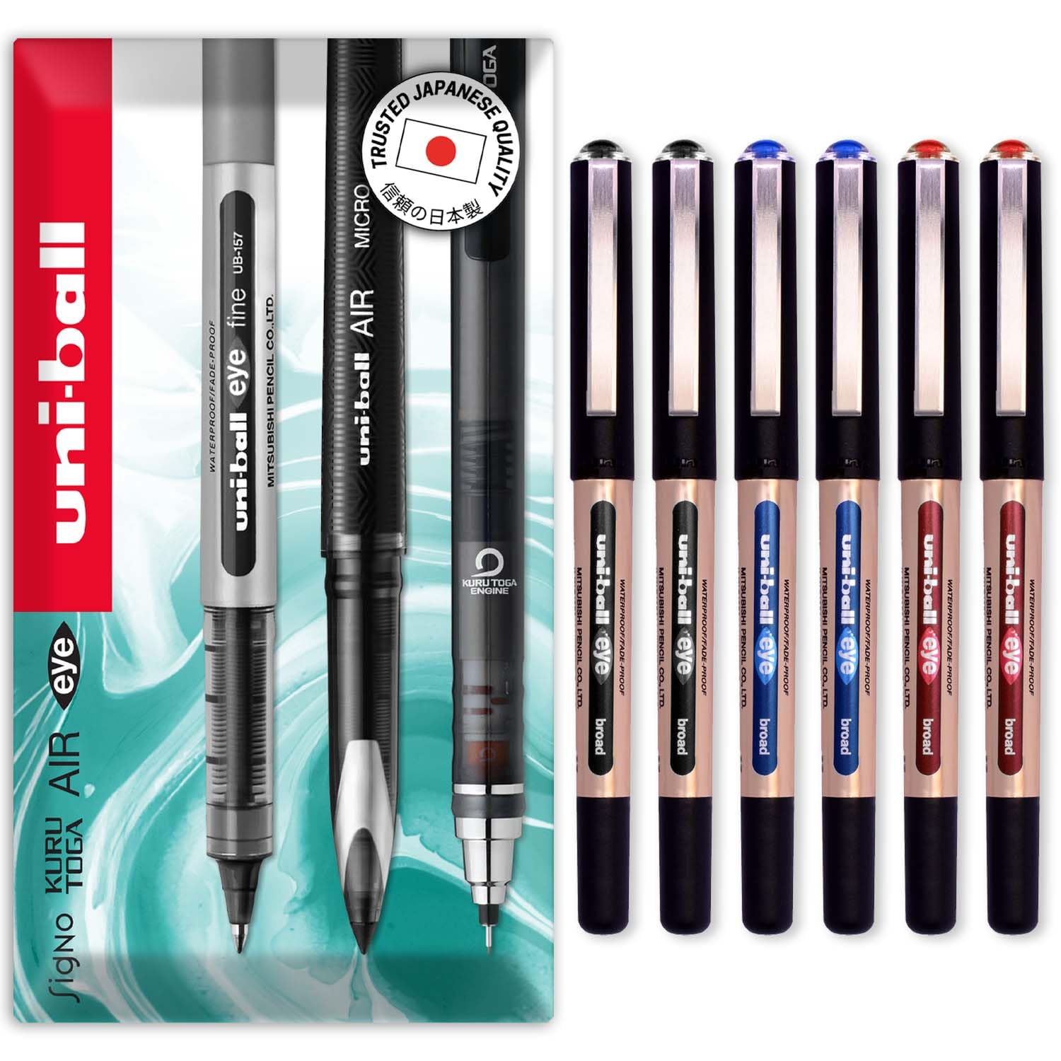 uni-ball Eye UB-150-10E Broad Liquid Ink Rollerball Pens - 1.0mm - Black, Blue, Red (6)
