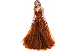 PEIYJYUSP Glitter Tulle Prom Dresses Long Ball Gown Lace Appliques V Neck Prom Dress for Women Formal Evening Party Gown